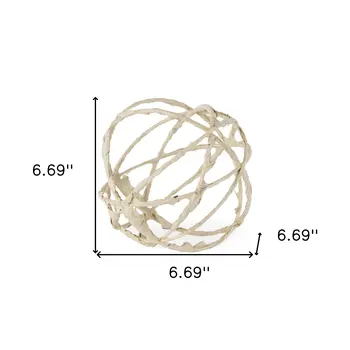 7" Beige Metal And Paper Orb Tabletop Sculpture