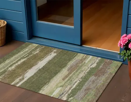 3' X 5' Olive Green Abstract Washable Indoor Outdoor Area Rug