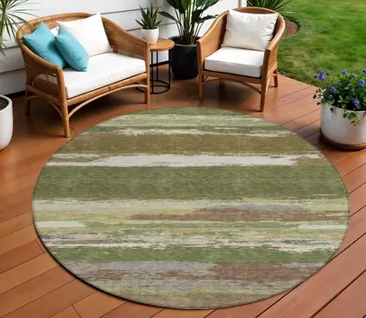 8' Olive Green Round Abstract Washable Indoor Outdoor Area Rug
