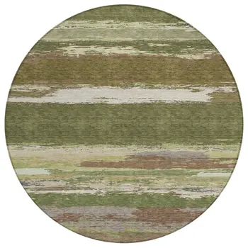8' Olive Green Round Abstract Washable Indoor Outdoor Area Rug