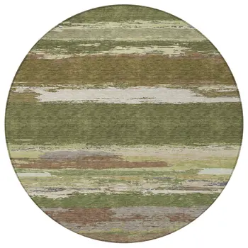 8' Olive Green Round Abstract Washable Indoor Outdoor Area Rug