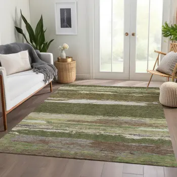 8' X 10' Olive Green Abstract Washable Indoor Outdoor Area Rug