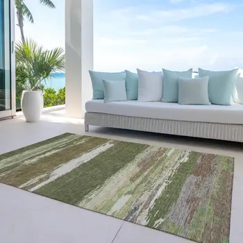 9' X 12' Olive Green Abstract Washable Indoor Outdoor Area Rug