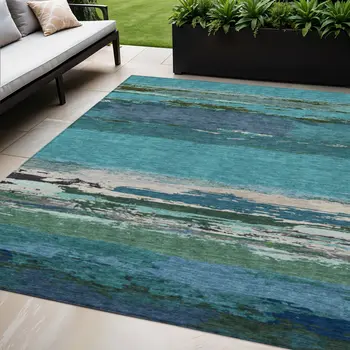 5' X 8' Teal Blue Abstract Washable Indoor Outdoor Area Rug