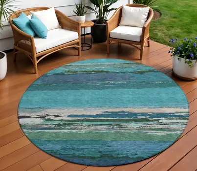 8' Teal Blue Round Abstract Washable Indoor Outdoor Area Rug