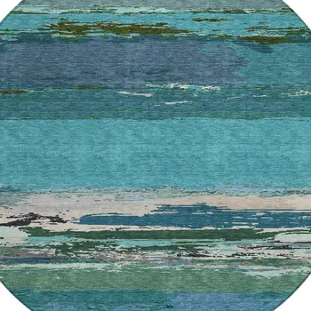 8' Teal Blue Round Abstract Washable Indoor Outdoor Area Rug