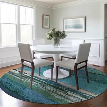 8' Teal Blue Round Abstract Washable Indoor Outdoor Area Rug