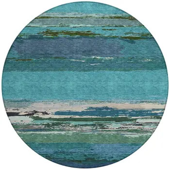 8' Teal Blue Round Abstract Washable Indoor Outdoor Area Rug