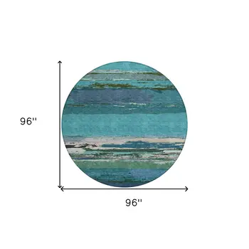 8' Teal Blue Round Abstract Washable Indoor Outdoor Area Rug