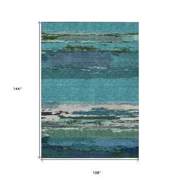 9' X 12' Teal Blue Abstract Washable Indoor Outdoor Area Rug