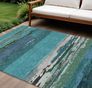 9' X 12' Teal Blue Abstract Washable Indoor Outdoor Area Rug