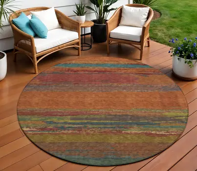 8' Terra Cotta Round Abstract Washable Indoor Outdoor Area Rug