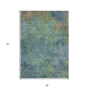 3' X 5' Blue Abstract Washable Indoor Outdoor Area Rug