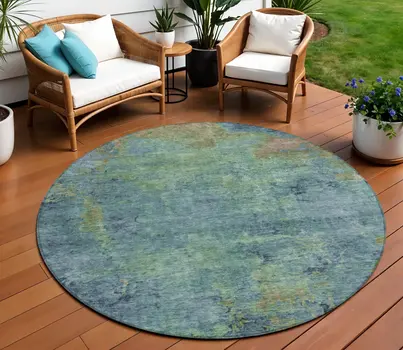 8' Blue Round Abstract Washable Indoor Outdoor Area Rug