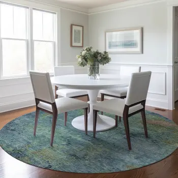8' Blue Round Abstract Washable Indoor Outdoor Area Rug