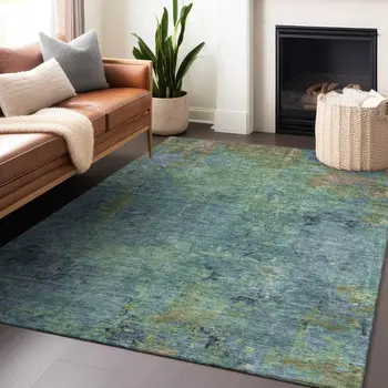 9' X 12' Blue Abstract Washable Indoor Outdoor Area Rug