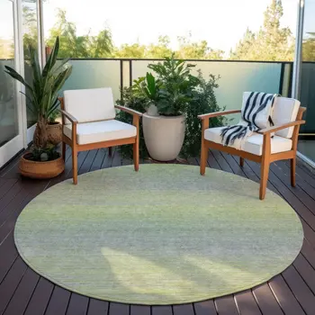 8' Artichoke Green Round Striped Washable Indoor Outdoor Area Rug