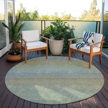 8' Blue Round Striped Washable Indoor Outdoor Area Rug