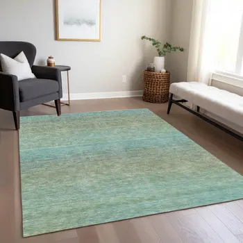 3' X 5' Teal Blue Striped Washable Indoor Outdoor Area Rug