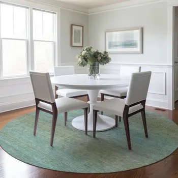 8' Teal Blue Round Striped Washable Indoor Outdoor Area Rug