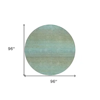 8' Teal Blue Round Striped Washable Indoor Outdoor Area Rug