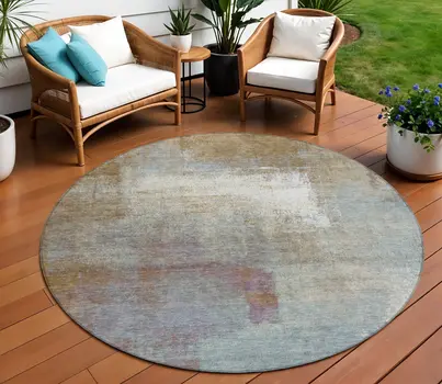 8' Brown Round Abstract Washable Indoor Outdoor Area Rug