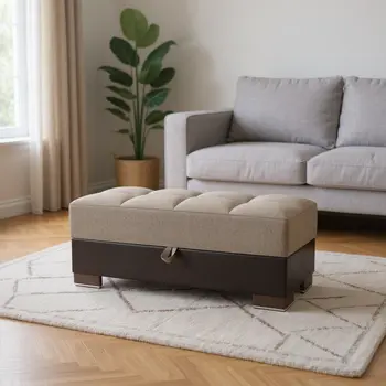 50" Tan and Brown Chenille And Faux Leather Storage Ottoman