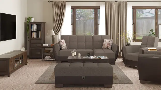 50" Brown and Black Upholstered Fabric And Faux Leather Tufted Storage Ottoman