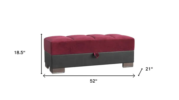 52" Burgundy and Brown Microfiber And Faux Leather Tufted Storage Ottoman