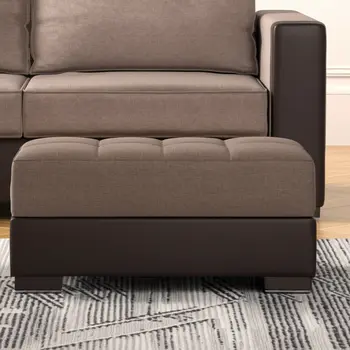 52" Brown Chenille And Faux Leather Tufted Storage Ottoman