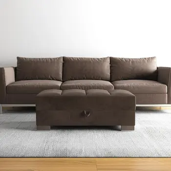 52" Brown Tufted Chenille And Faux Leather Storage Ottoman