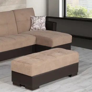 52" Tan and Brown Chenille And Faux Leather Storage Ottoman