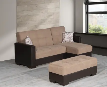 52" Tan and Brown Chenille And Faux Leather Storage Ottoman