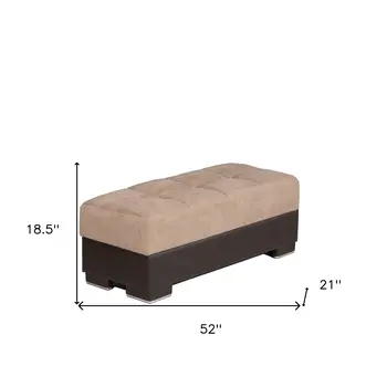 52" Tan and Brown Chenille And Faux Leather Storage Ottoman