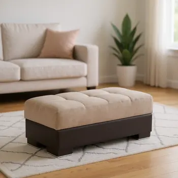 52" Tan and Brown Chenille And Faux Leather Storage Ottoman