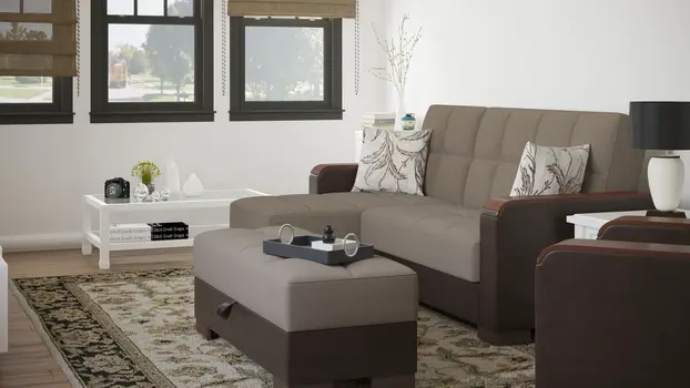 52" Sand and Brown Chenille And Faux Leather Storage Ottoman
