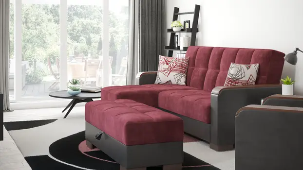 52" Burgundy Black and Brown Faux Leather And Microfiber Tufted Storage Ottoman