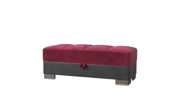 52" Burgundy Black and Brown Faux Leather And Microfiber Tufted Storage Ottoman