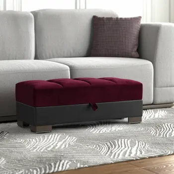 52" Burgundy Black and Brown Faux Leather And Microfiber Tufted Storage Ottoman