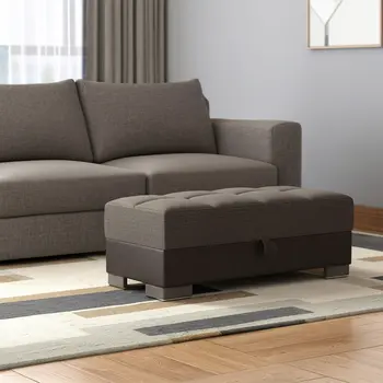 52" Brown Chenille And Faux Leather Tufted Storage Ottoman