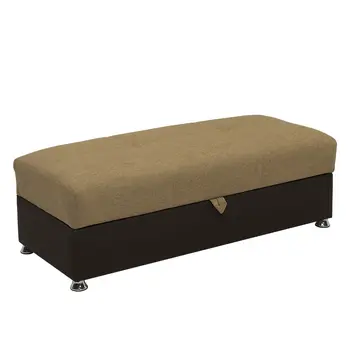 54" Camel Espresso and Silver Chenille And Faux Leather Tufted Storage Ottoman