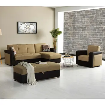 54" Camel Espresso and Silver Chenille And Faux Leather Tufted Storage Ottoman