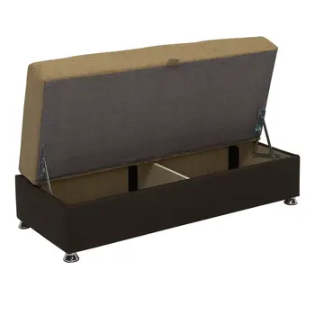 54" Camel Espresso and Silver Chenille And Faux Leather Tufted Storage Ottoman
