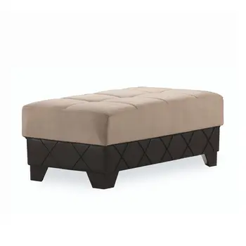 48" Taupe and Espresso Faux Leather And Microfiber Tufted Storage Ottoman