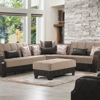 48" Taupe and Espresso Faux Leather And Microfiber Tufted Storage Ottoman