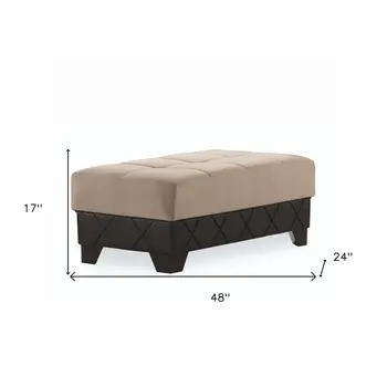 48" Taupe and Espresso Faux Leather And Microfiber Tufted Storage Ottoman