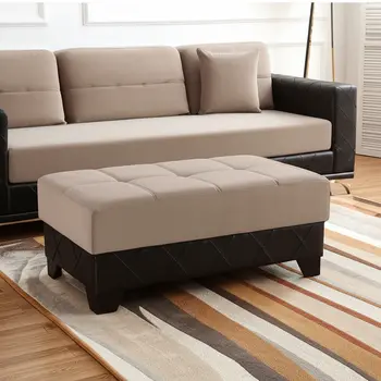48" Taupe and Espresso Faux Leather And Microfiber Tufted Storage Ottoman