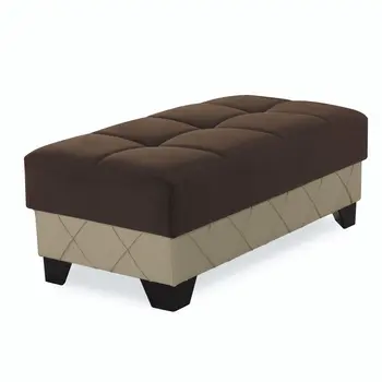 48" Brown and Cream Faux Leather And Microfiber Tufted Storage Ottoman
