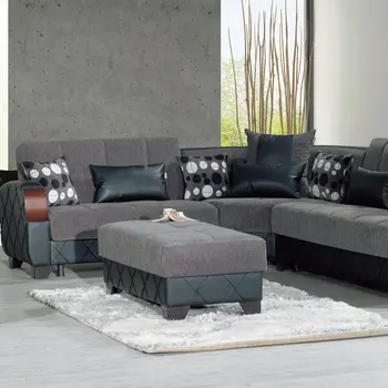 48" Gray and Brown Chenille And Faux Leather Tufted Storage Ottoman