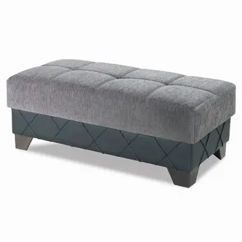 48" Gray and Brown Chenille And Faux Leather Tufted Storage Ottoman